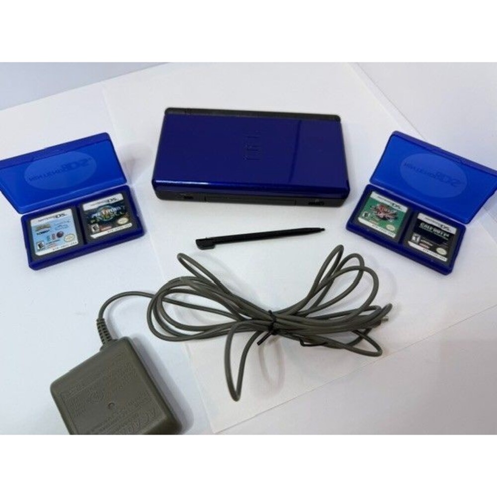 Nintendo DS Lite Console Cobalt Blue Tested Authentic System W/ 4 Games, CH Cord